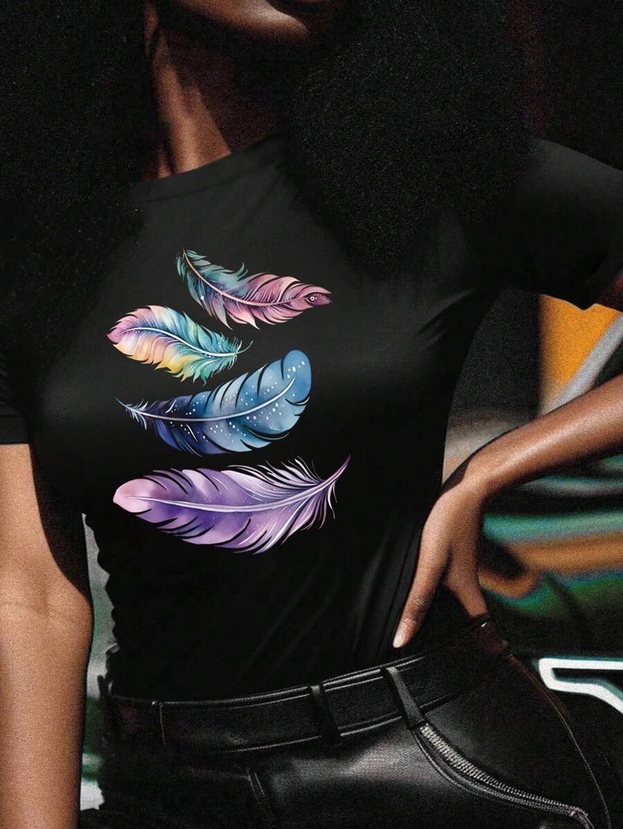 SHEIN LUNE 羽毛印花圓領短袖t恤 - 黑色 - 查看 1