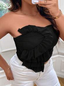 SHEIN Privé Plus Size Elegant Casual Date Elastic Mesh Strapless Women Top - Black - View 3