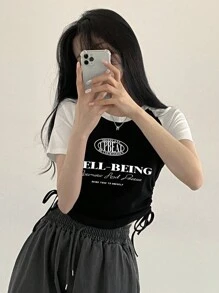 DAZY Women Short Sleeve T-Shirt With Color Block And Letter Patchwork Summer,Graphic Tees Preppy Tops - Black and White - View 3