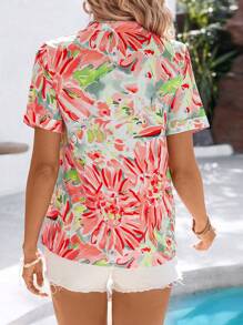 Breezaya Women Fashionable Summer V-Neck Notched Short Sleeve Printed Blouse - Red - View 2