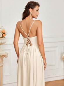 SHEIN Belle 女性優雅浪漫杏色胸前褶皺設計，後繫帶洞洞褶皺A字裙，高開叉，適合婚禮、假日聚會、舞會晚宴，成人優雅伴娘裙 - 杏色 - 查看 3