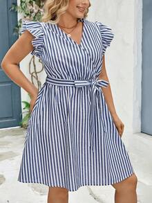 SHEIN Clasi Plus Size Cổ Chữ V Sọc In Mũ Tay Thắt Lưng Thường Ngày Xuân Hè - Xanh và trắng - Xem 4