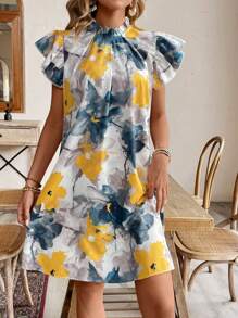 Breezaya Women Fashionable Floral Print Ruffled Sleeve Dress Vacation Beach Outfit