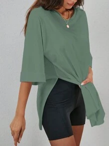 Cottnline Áo thun nữ mùa hè màu trơn cổ tròn tay 3/4 có viền xẻ để mặc thường ngày - Màu xanh Bạc hà - Xem 3