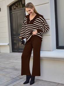 EURMUSE Women's Half-Zip Striped Drop Shoulder Sweater Two-Piece Set - Brown - View 1
