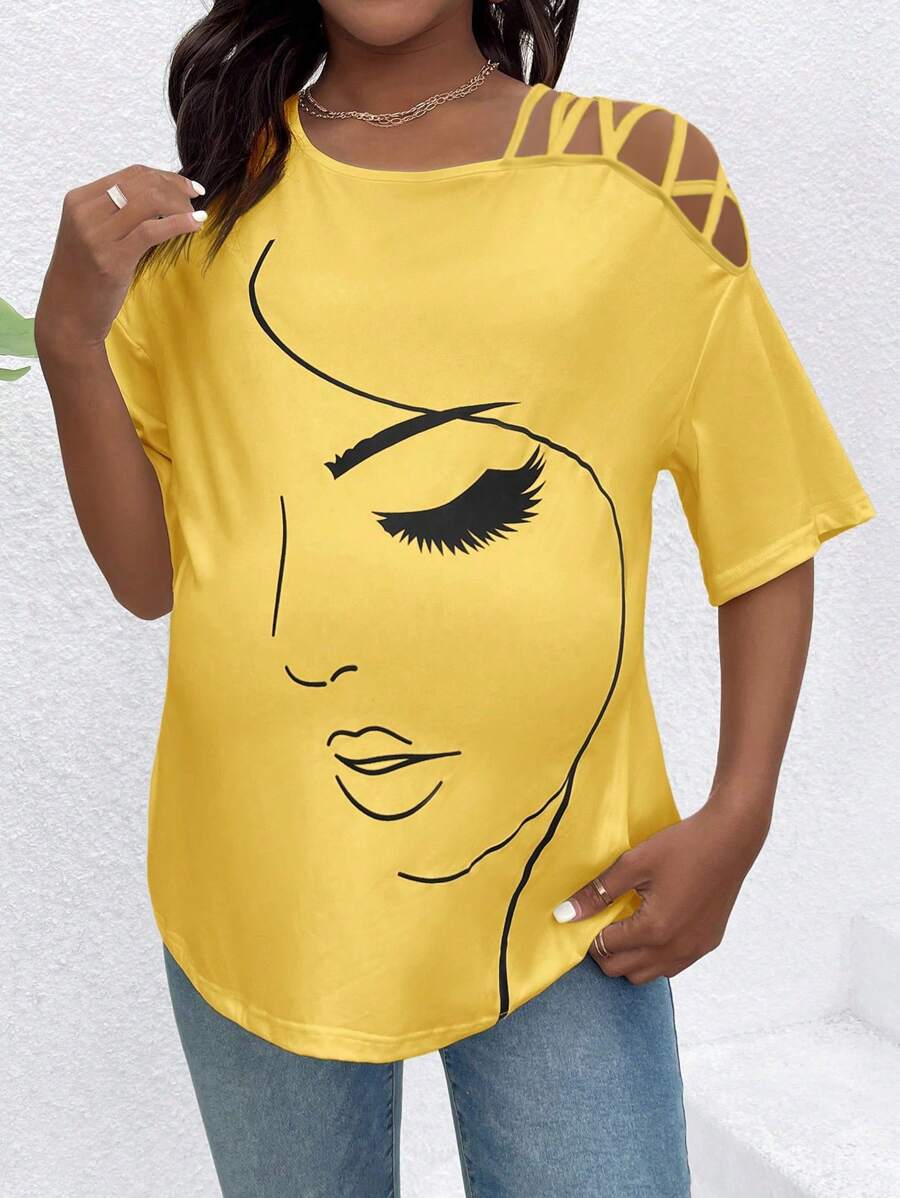 SHEIN 孕婦時尚線描人物印花短袖T恤 - 黃色 - 查看 1