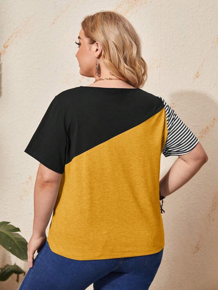 Plus Size Color Blocking Round Neck Casual Daily Wear Short Sleeve T-Shirt For Spring And Summer