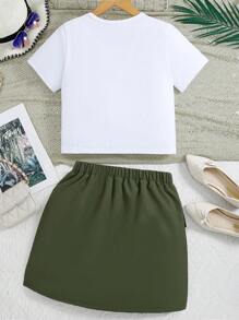 SHEIN Tween Girl Letter Pattern T-Shirt And Solid Color Cargo Shorts Set