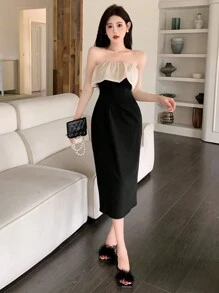 DAZY Color-Blocked Off Shoulder Long Dresses For Women, Birthday Prom Dress Party Women,Ruffle Homecoming Dresses