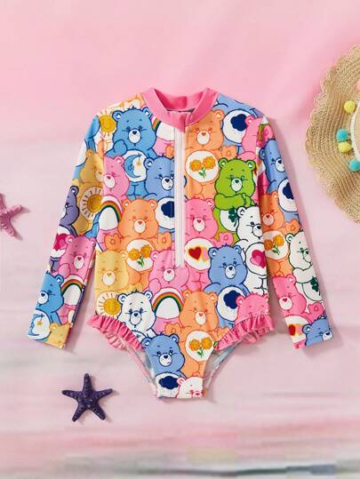 SHEIN X Care Bears Young Girl Summer Beach Knitted Cute Cartoon Bear Print Ruffle Hem One-Piece Swimsuit