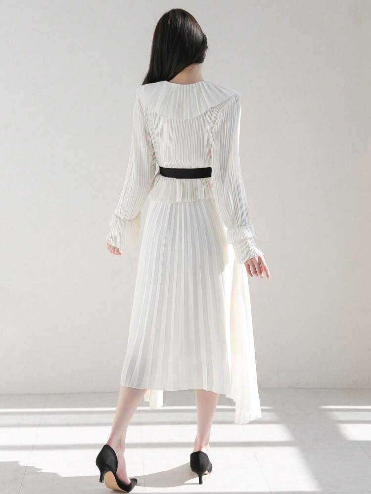 Women Fashion Solid Color Ruffled Long Sleeve Waist-Control Dress,Fall Dress