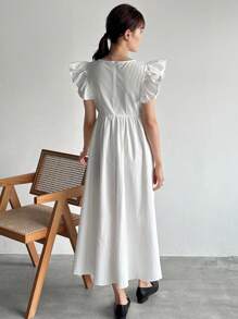 FRIFUL Women Fashionable Solid Color Ruffled Sleeve Dress Sundress - White - View 5