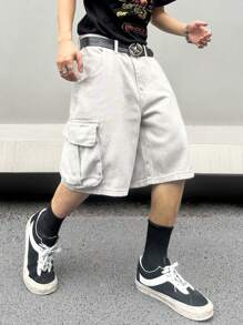 Manfinity EMRG 春夏季男性工作服寬腿休閒牛仔短褲，超大尺碼普通單色全白外出街頭風格饒舌歌手穿著