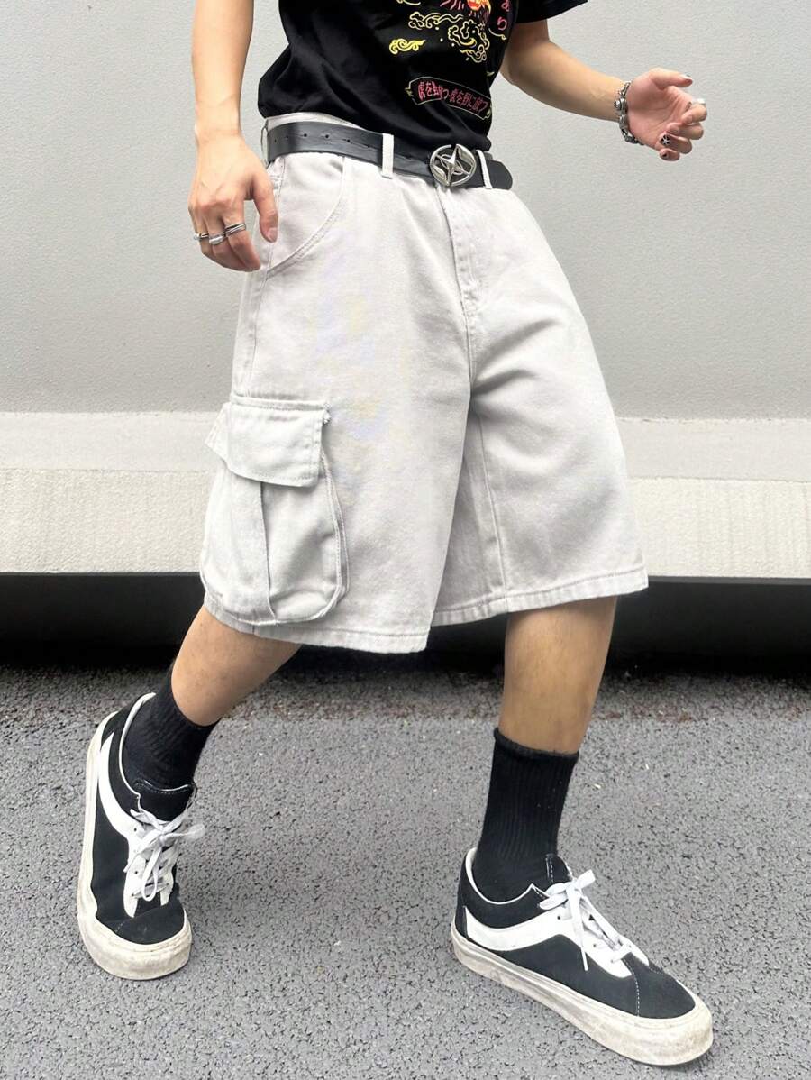 Manfinity EMRG 春夏季男性工作服寬腿休閒牛仔短褲，超大尺碼普通單色全白外出街頭風格饒舌歌手穿著