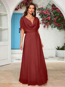 Solid Color Draped Neck Chiffon Bridesmaid Dress - Redwood - View 5