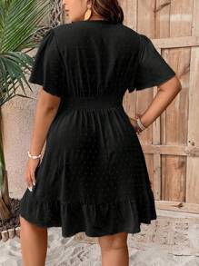 SHEIN Plus Size V-Neck Ruffle Trimmed Waist Cinching Casual Spring Summer Dress - Black - View 2