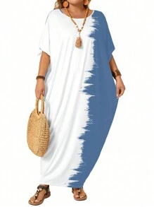 EMERY ROSE Vestido largo de talla grande de tipo capa con mangas de murciélago, en estilo patchwork y bloques de color, para uso casual y de vacaciones - Azul y blanco - Ver 1
