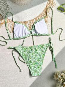 SHEIN Swim Women Summer Beach Simple Spaghetti Strap Bikini Set, Random Print - Green - View 6