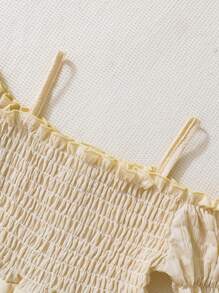 SHEIN Holiday,Summer,TravelYoung Girl Casual And Cute Open Shoulder A-Line Dress With Pleats - Khaki - View 5