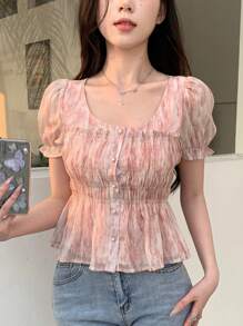 DAZY Women Ruffle Hem All-Over Print Summer Shirt Babydoll Top