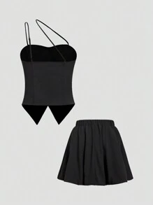 SHEIN Privé Conjunto de camisa de tirante con botón único para hombro descubierto y falda de burbujas de cintura alta sin mangas para mujeres, verano - Negro - Ver 2