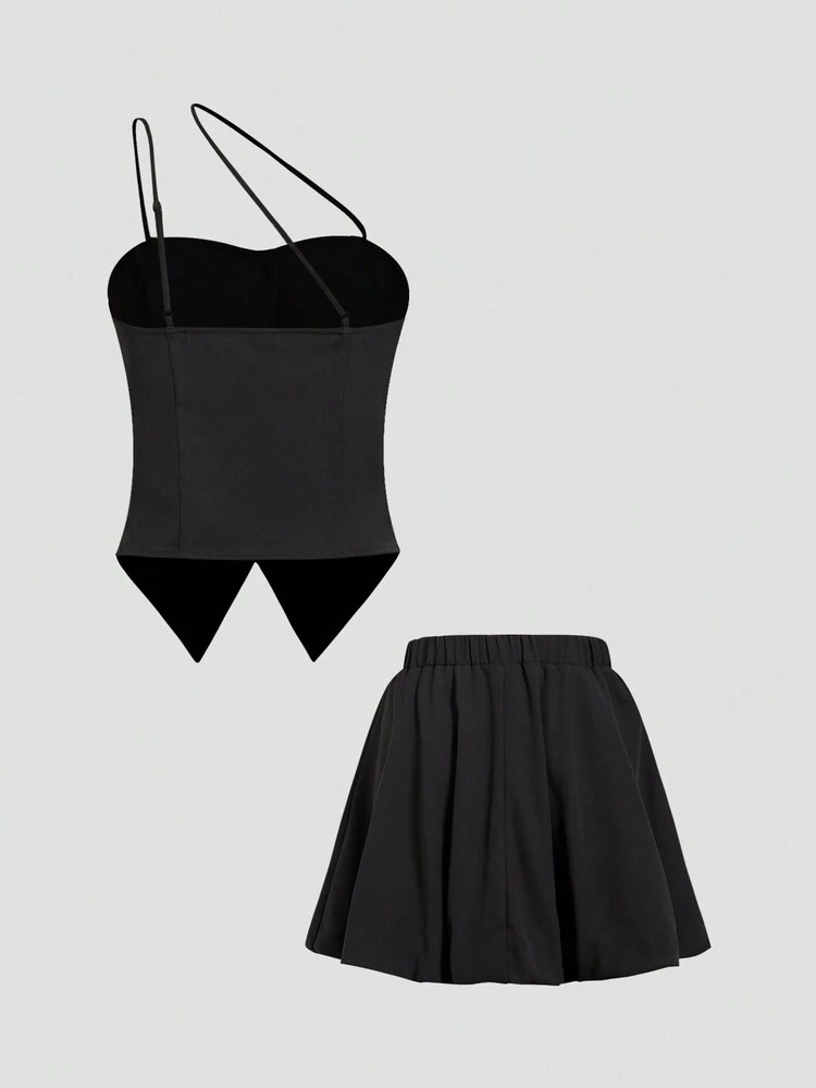 Women's Summer Single-Button One-Shoulder Sleeveless Top And High-Waist Bubble Skirt Two-Piece Set. Teacher's Clothes. Suitable For Commuting Style,Business Casual Women