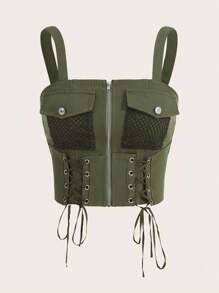 SHEIN ICON Lace Up Front Flap Pocket Zip Up Cami Top - Army Green - View 1