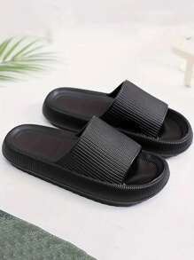 New Stylish Versatile Black Vertical Stripe Single Hole Thick Soft Comfortable Anti-Slip Non-Odorous Indoor/Outdoor Ladies Plastic Slippers, Suitable For Home, Bathroom - Black - View 2