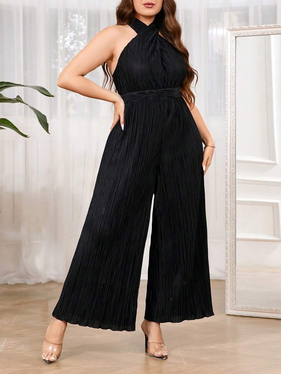 SHEIN Privé Plus Size Elegant Plisse Crisscross Halter Jumpsuit - Black - View 1