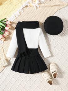 Babymeisjesset Zwarte gebreide trui met lange mouwen + korte broek + muts + sjaal 4 stuks
