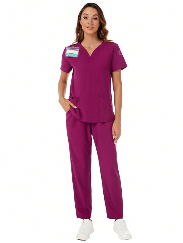 Top cu mânecă scurtă cu decolteu în V și pantaloni cu buzunare Set de uniforme pentru îngrijire medicală