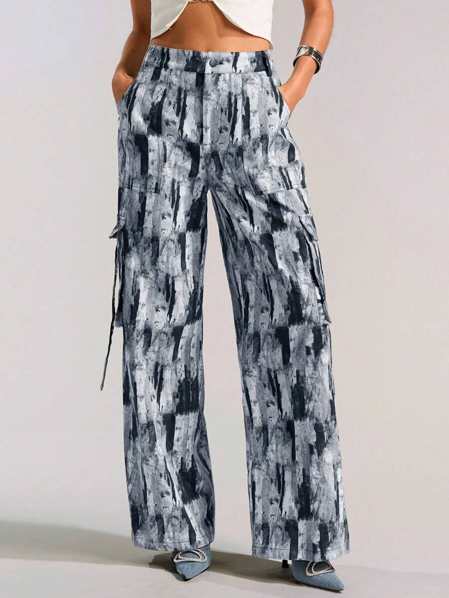 Forever 21 摇滚印花低腰酷炫阔腿裤，工装风 - 黑色 - 查看 1