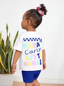 SHEIN Baby Girl Cute And Funny Printed Short Sleeve Top And Shorts Set - Blue - View 3