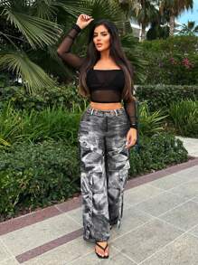 SHEIN SXY Denim Effect High-Waisted Jeans With Hole, 3D Pockets, And Trailing Hem Y2k Grunge Grunge Punk Western Wear Cargo - Black - View 3