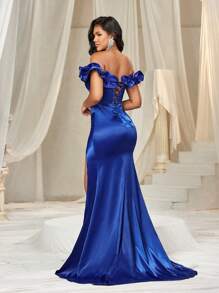 SHEIN Belle Elegant Blue Exaggerated Ruffles Off Shoulder Bust Cups Fine Flash Webbing Splicing Sexy Corset Back Width Adjustable Straps High Waist Slimming High Split And Floor Dragging Fishtail Dress Dating Bachelorette Party Graduation Season Wedding Event Heavy Duty Dinner Party Prom Semi Formal Wedding Guest Dress, For Birthday, Homecoming