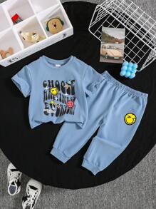 SHEIN Baby Boys' Round Neck Short Sleeve Expression & Letter Printed T-Shirt And Long Pants Set - Dusty Blue - View 1