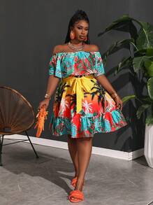 Slaydiva 加大號露肩椰樹印花假期休閒裙，夏季 - 彩色 - 查看 1