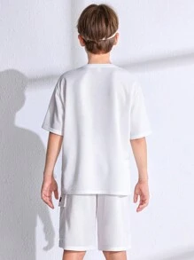 SHEIN 青少年男童休閒韓式拼接圓領短袖寬鬆T恤和短款針織套裝 - 白色 - 查看 2