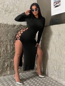 Flirla Plus Size Women's Solid Color Sexy Dress With Side Tie Detail - Black - View 1