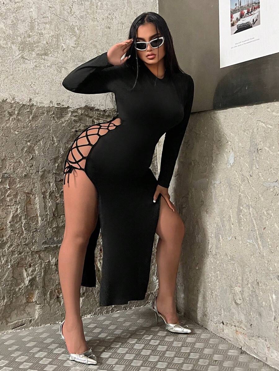 Flirla Plus Size Women's Solid Color Sexy Dress With Side Tie Detail - Black - View 1