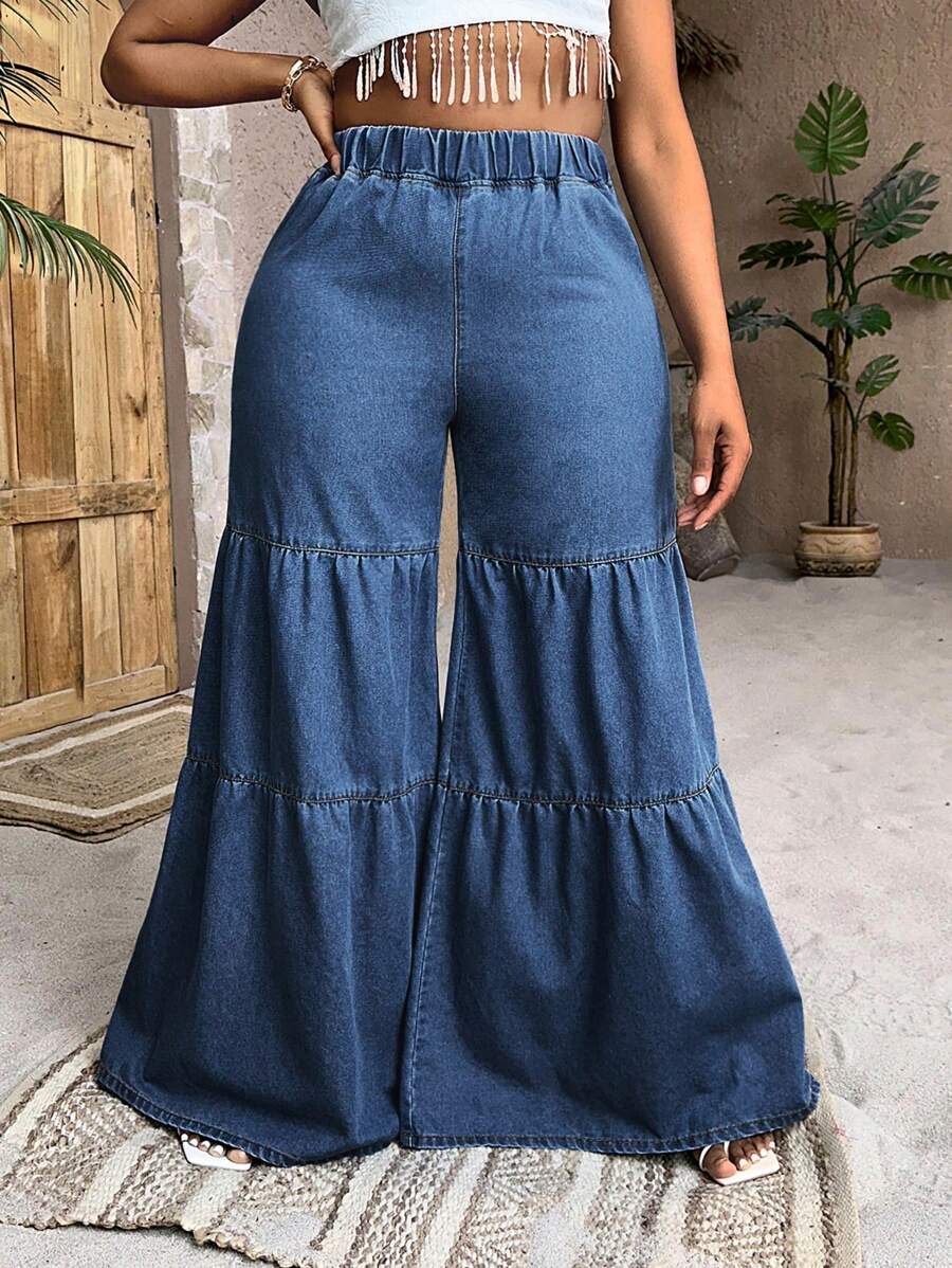 Slaydiva Plus Elastic Waist Ruffle Hem Wide Leg Jeans