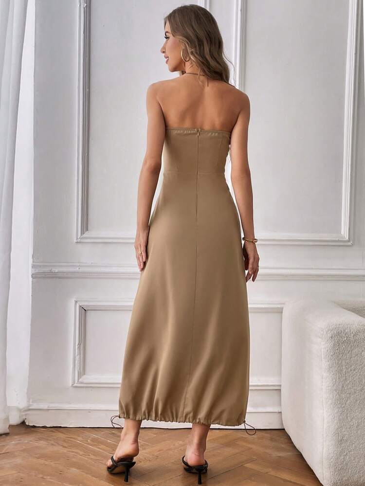 Casual Long Woven Dress With Strapless And Drawstring Hem, Khaki In Spring Summer