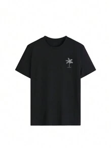 كنزة نسائية جديدة للربيع والصيف ذات طباعة شعار شجرة النخيل، مناسبة للاستخدام اليومي العادي بياقة مستديرة وأكمام قصيرة، بطراز إجازة عصري، ضرورة يومية. تيشيرتات بطباعات جرافيكية للنساء بألوان أبيض وأسود وزهري لأطقم الإجازات