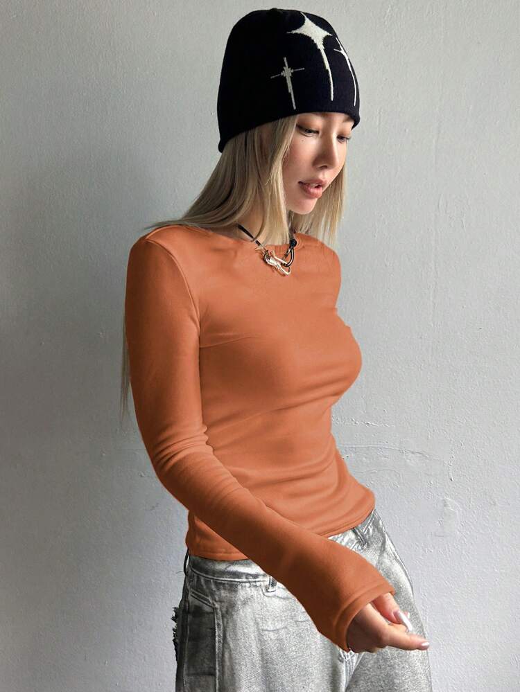 Solid Round Neck Thermal Tee Long Sleeve Women Tops,Thermal Lined
