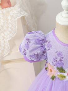 Stickerei-Mesh-Kontrast-Puffärmel Hübsches Kleid für Baby-Mädchen