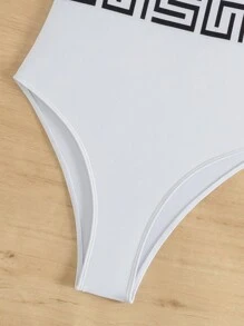 SHEIN Swim Summer Beach Slim Fit Chain Detail Straps One-Piece Swimsuit With Placement Print - White - View 3