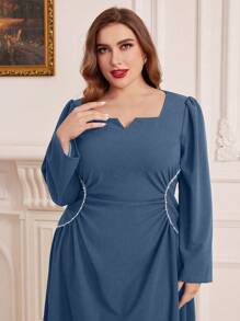 Modelyn Fashionable Solid Color Long Sleeve Dress For Plus-Size Women - Dusty Blue - View 5