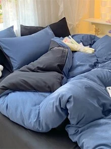 Bộ đồ giường 3 món - 1 vỏ chăn, 2 vỏ gối, siêu mềm bền, phòng ngủ ký túc xá màu xanh lam và xám đậm, có thể giặt bằng máy - Màu xanh lam - Xem 4