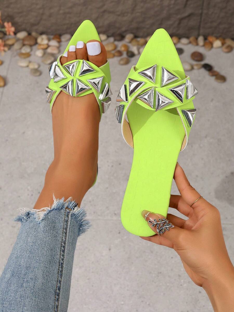 Stylish Comfortable Green Zircon Satin Flat Slide Sandals Pointed Toe