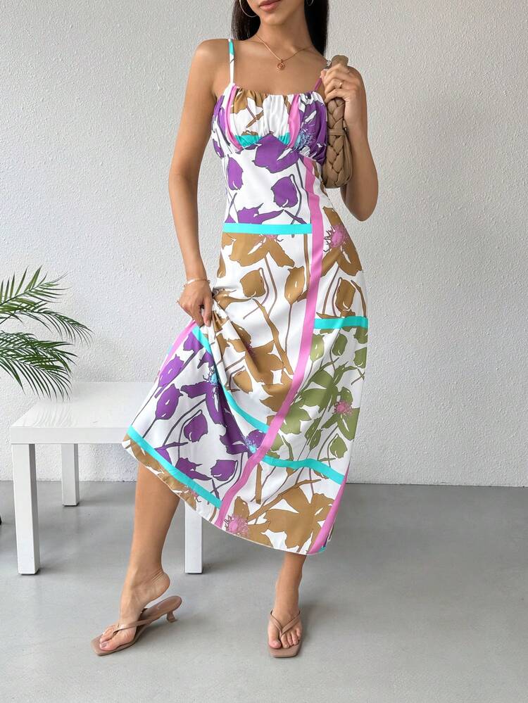Summer Casual Striped Floral Print Twisted Backless Spaghetti Strap Dress